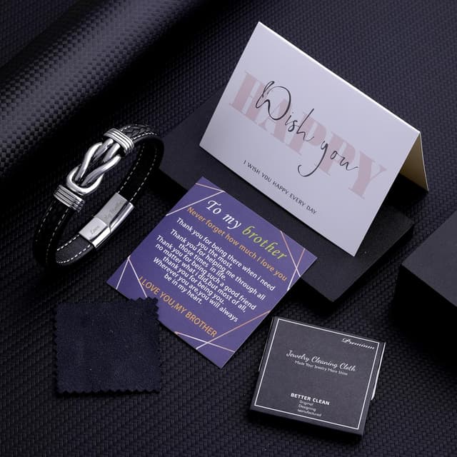 Detalle de Leather braided bracelet with engraved “Love My Brother” clasp gift for men