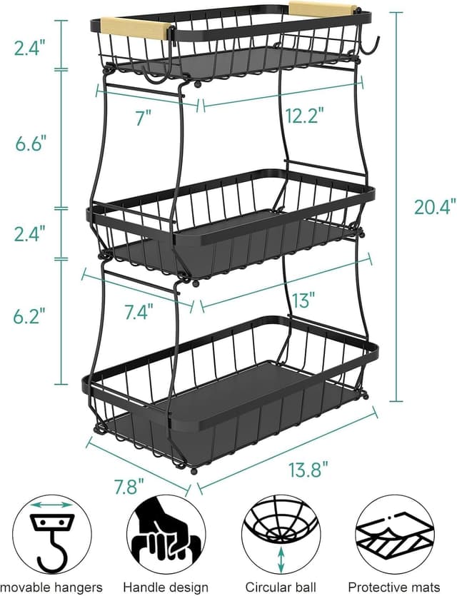 Thumbnail 6 de Fournine 3-Tier Fruit Bowl Basket with Banana Hanger (Detachable Countertop Organiser), Black