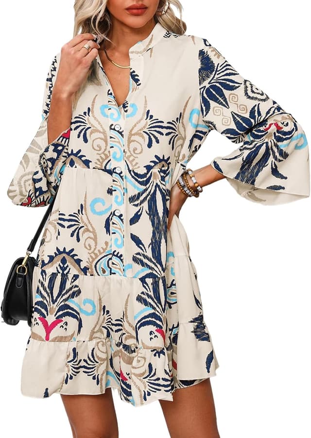 Detalle 2 de Opemiby 2026 Flowey Ruffle Babydoll Mini Dress for Women (V-Neck, Tiered Hem, 3/4 Bell Sleeves)