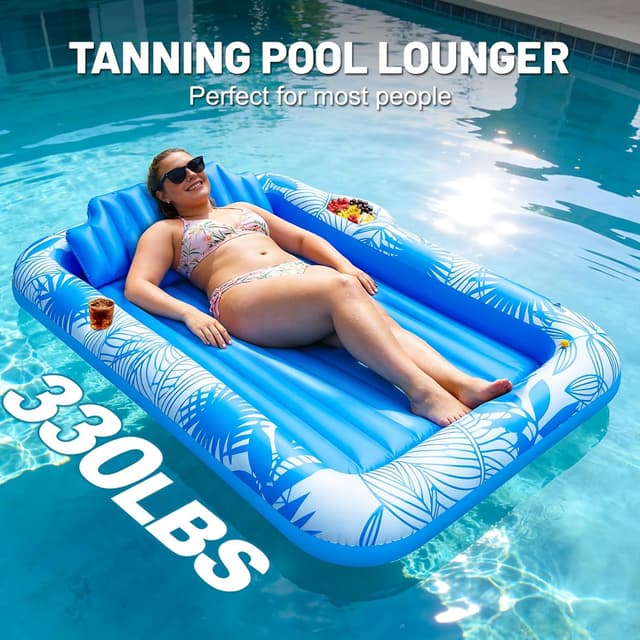 Thumbnail 6 de TURNMEON Inflatable Tanning Pool Lounger Float with Sprinkler (78"x50") — Pink/Blue, 2-Person Beach & Pool Float with Cup & Food Tray