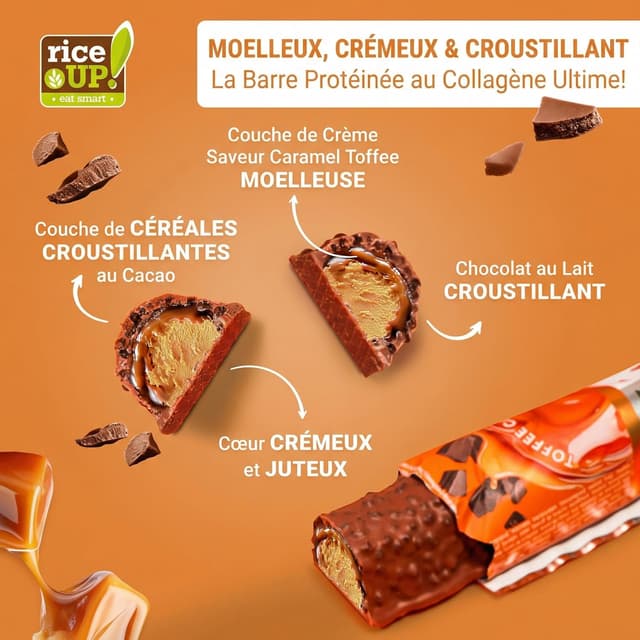 Detalle de RiceUP! Barre Protéinée Toffee Caramel au Collagène (12 x 42 g) – sans sucre ajouté