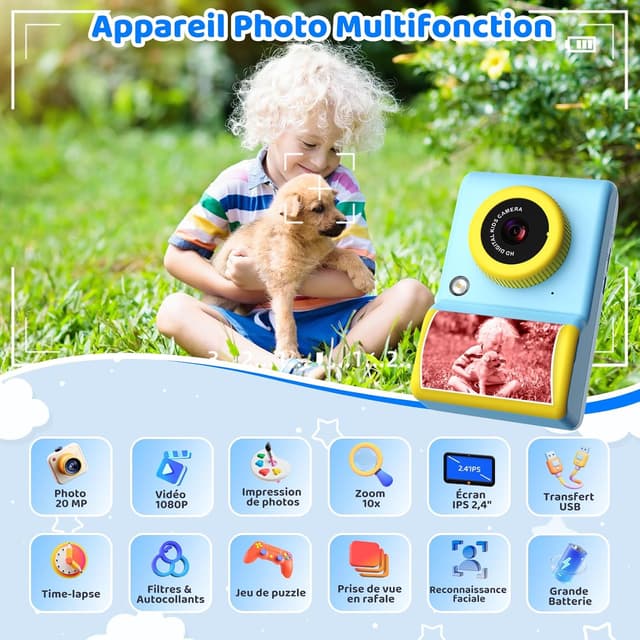 Detalle de CHAKEYAKE Appareil photo instantané enfant 20MP 1080P avec écran 2,4 pouces (bleu)