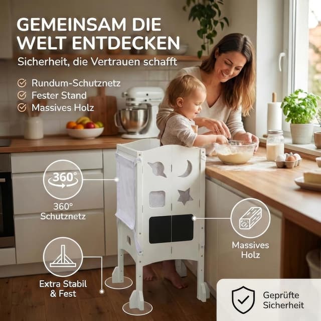 Detalle 2 de BabybeFun Lernturm ab 1 Jahr (klappbar) mit 360° Sicherheitsnetz & Anti-Kipp-Schutz