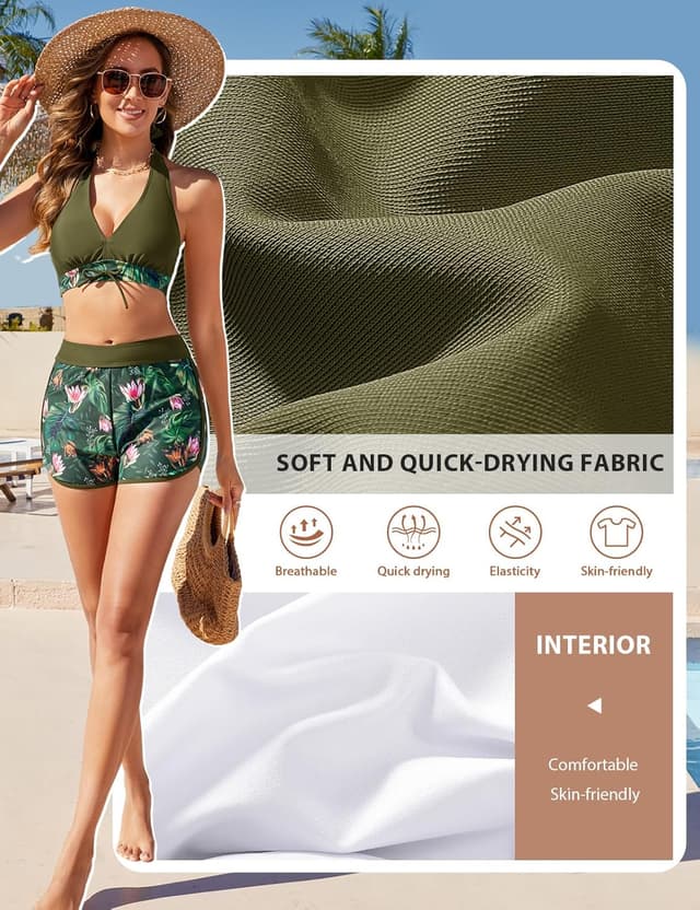 Detalle de Tuopuda women’s floral two-piece bikini set with deep V halter top and high-waist tummy control boyshorts