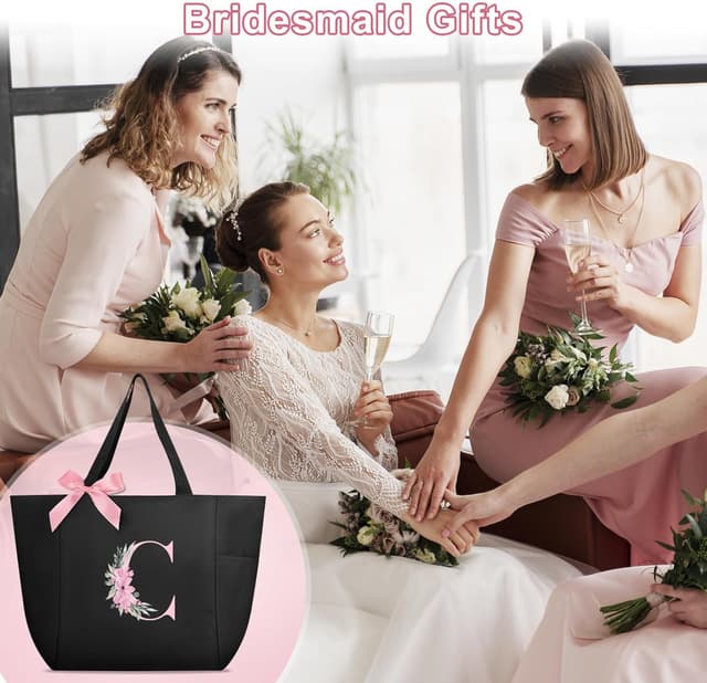 Detalle de Vavabox A‑Z Initial Personalised Tote Bag (Waterproof, Pink Bow Detail) – Black