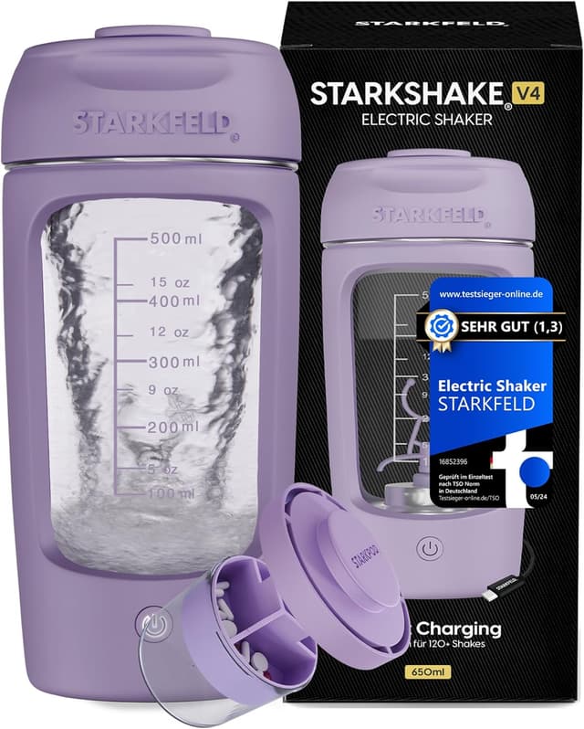 Detalle de STARKFELD STARKSHAKE® V4 – elektrischer Protein-Shaker mit STARKPOD, USB‑C, 8.000 UPM (lila)