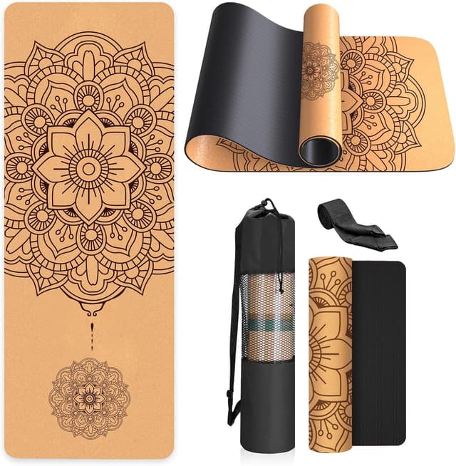 Imagen de Haninj Yogamatte-Kork (4 mm) mit rutschfester Korkoberfläche, TPE-Unterseite & Tragetasche en OfertitasTOP