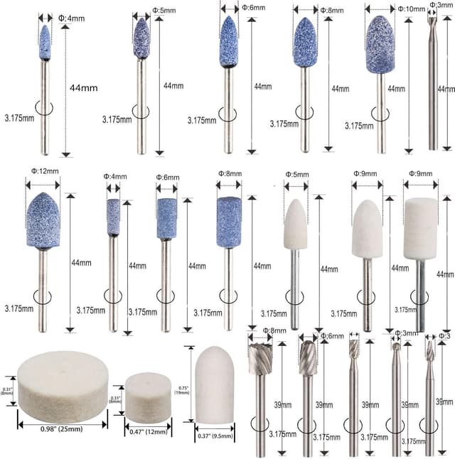 Detalle de Kit d’accessoires pour outil rotatif ZFE A0617 (217 pièces, 1/8" / 3,2 mm) avec 2 mandrins universels