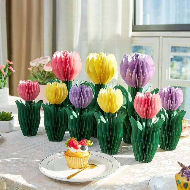 Detalle de SUNBEAUTY 9er-Set 3D Tulpen & Wabenbälle in Rosa, Lila und Gelb für Frühlings- & Party-Deko