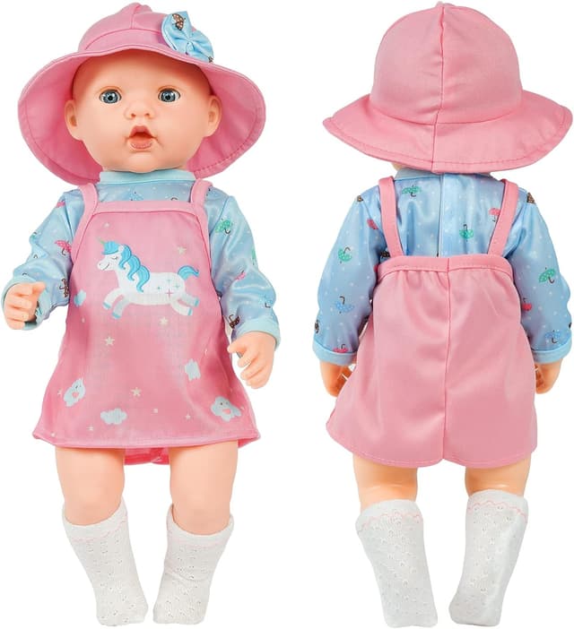 Detalle 2 de Aolso vestiti per bambole New Born Baby Doll (35–45 cm) con abito rosa e blu, cappello, calzini e gruccia