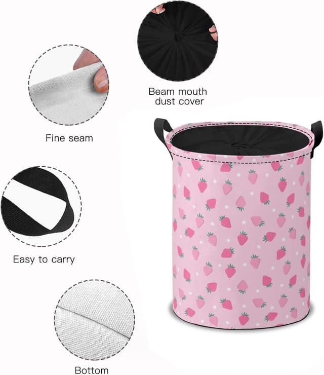 Detalle de ENSFTF Drawstring Laundry Basket (Pink Strawberry Pattern) – Spacious, Dustproof & Easy to Clean