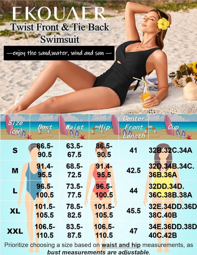 Detalle de Ekouaer Damen-Badeanzug mit Bauchweg-Raffung, gedrehtem V-Ausschnitt & Schnürung am Rücken (einteilig)
