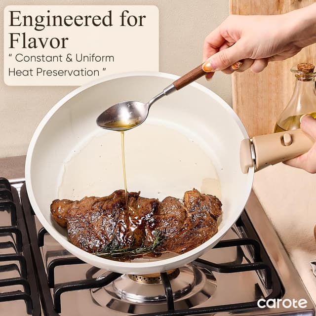 Detalle de CAROTE Detachable Handle Nonstick Pots and Pans Set (Cream) — Space-Saving Cookware Collection for Induction, Oven & Dishwasher