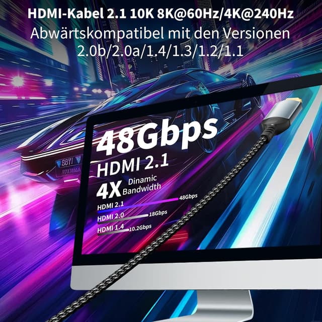 Detalle 2 de HDMI-Kabel 2,5 m „Ultra High Speed“ (HDMI 2.1) für 10K/8K, 4K@240 Hz, HDR10+ eARC – kompatibel mit PS5 & Xbox
