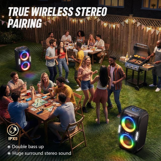 Thumbnail 6 de W-KING 250W Peak Party Bluetooth Speaker with 12 Custom Bass EQ, MIC/Guitar Input, IPX5 & Removable Battery