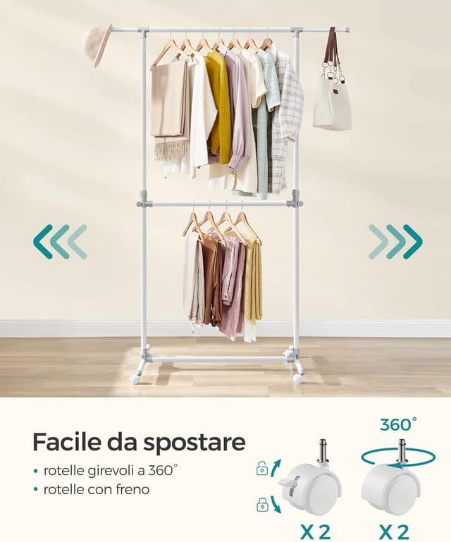 Thumbnail 6 de SONGMICS Stand appendiabiti doppio LLR401W01 con asta estensibile e ruote, altezza regolabile 113-180 cm
