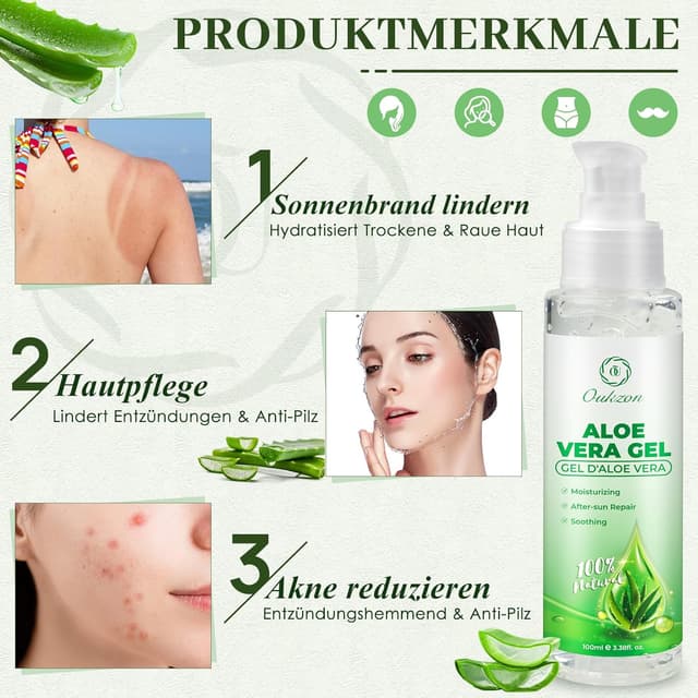 Detalle 2 de Aloe Vera Gel Rein Aloe Vera Gel Portable (100 ml) – natürliches After-Sun Gel für trockene, strapazierte Haut
