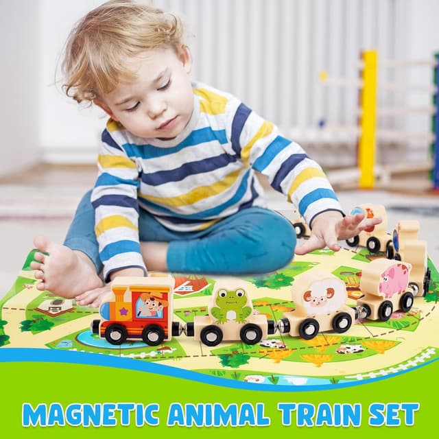 Detalle 2 de Montessori Wooden Train Toy with 12 Magnetic Animals & Game Map (for ages 1–3) in a storage box