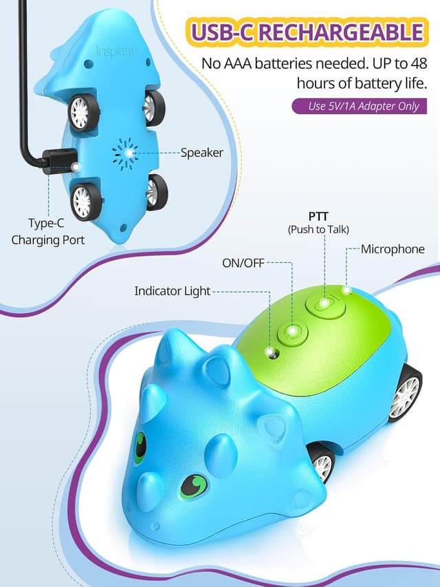 Detalle de Set da 2 Inspireyes macchine giocattolo dinosauro con walkie-talkie ricaricabili (USB-C)