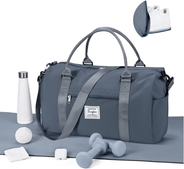Detalle de WEPLAN waterproof sports gym bag with shoe compartment for travel (gray blue)