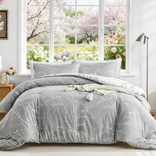 Detalle 2 de Tokokimo 4PCS King Size Duvet Cover Set with Fitted Sheet and Pillowcases (Botanical Branches, Grey) – Microfibre bedding