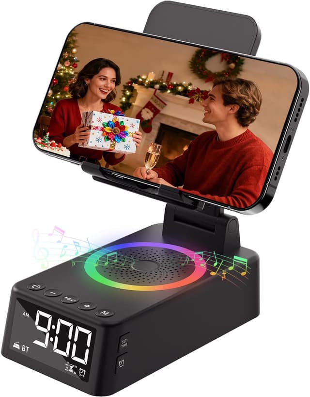 Detalle de Caulikine 6-in-1 Alarm Clock with Bluetooth Speaker, Phone Stand, White Noise & Ambient Light