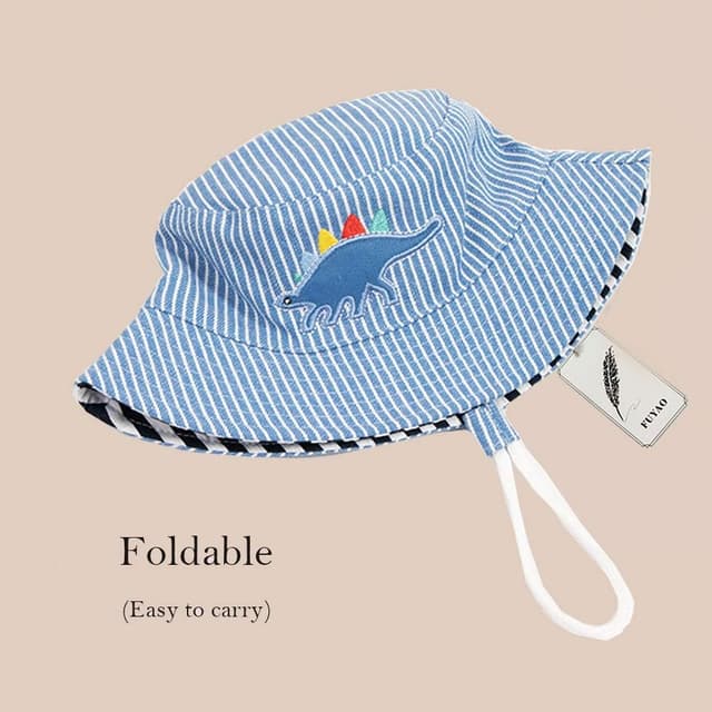 Detalle de FUYAO Kids Cotton Bucket Hat with Dinosaur Embroidery, Adjustable Chin Strap & Wide Brim Sun Protection