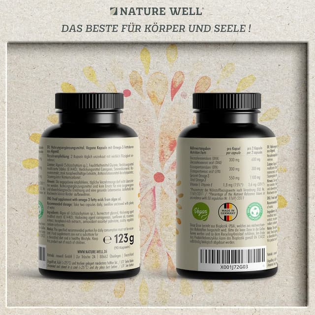 Detalle de NatureWell Omega-3 Vegan 90 Kapseln (hochdosiert) – 2000 mg Algenöl pro Tag mit 600 mg DHA & 300 mg EPA