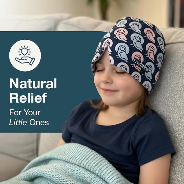 Detalle 2 de MyHalos Children’s Migraine Relief Cap – cooling gel ice pack hat for kids (multicolour)