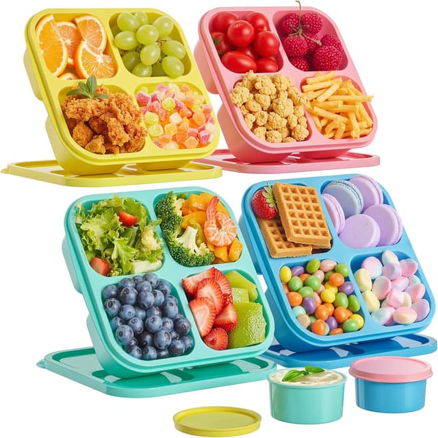 Detalle de Canfanni 4-Piece Reusable Snack Box Containers Set with 4 Compartments and 2 Sauce Containers (BPA-Free, Stackable)