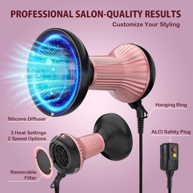 Detalle de WUFAYHD Diffuser Hair Dryer for Curly Hair (2-in-1 Ionic & Ceramic) for Wavy, Curly & Coily Styles