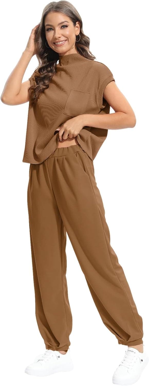 Detalle de Momuk Women’s Casual 2-Piece Ribbed Knit Short Sleeve Top & Wide-Leg Lounge Set