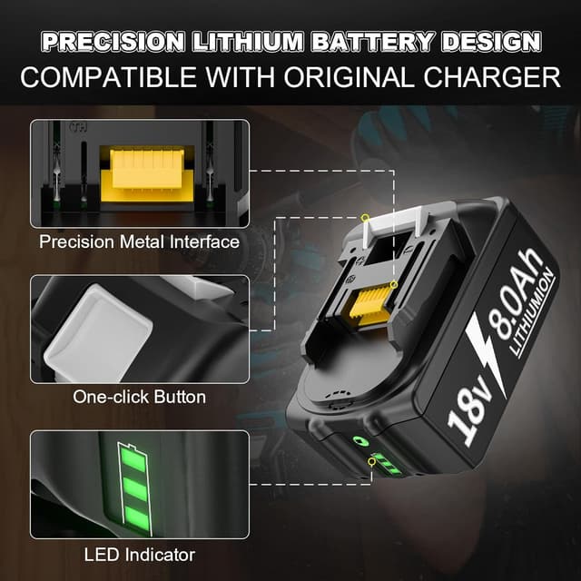 Detalle 2 de 4er-Set 8000 mAh Li-Ion Ersatzakku für Makita 18 V (kompatibel mit BL1850/BL1860 u. a.)