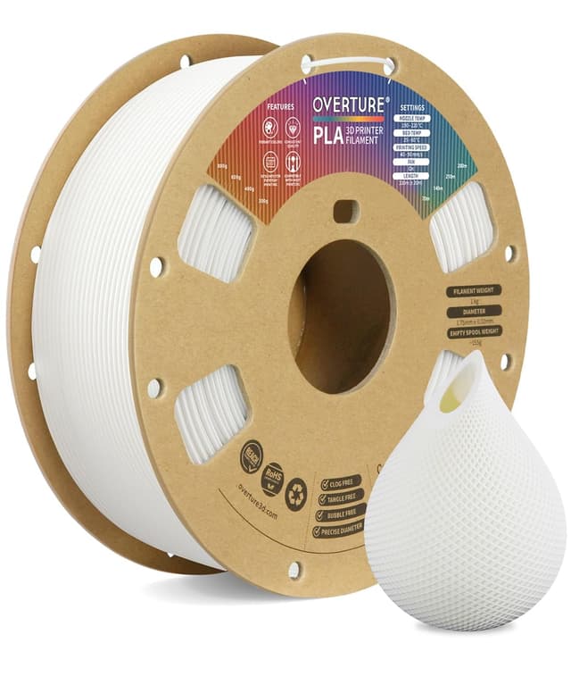 Detalle de OVERTURE PLA Filament 1.75mm (1kg) for FDM 3D Printers — White, 2.2lbs Cardboard Spool