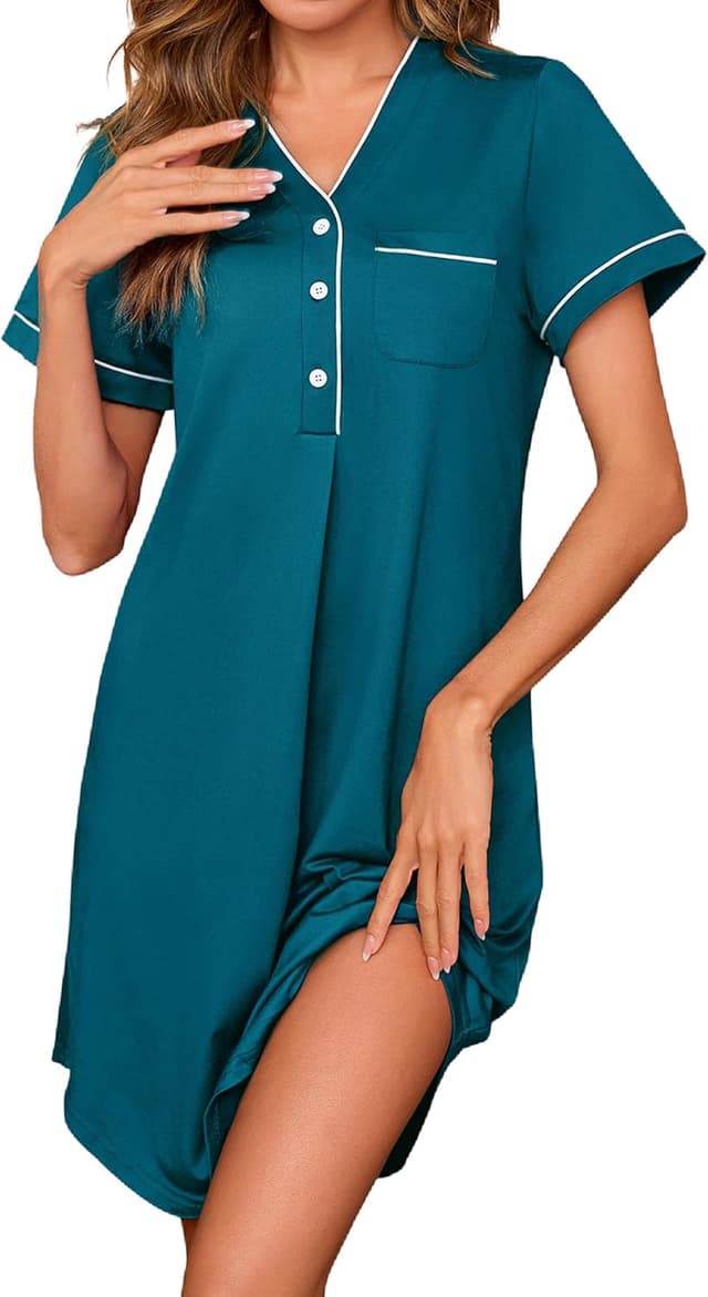 Detalle de Jahetuul chemise de nuit femme en coton à col V et manches courtes, ouverture boutonnée