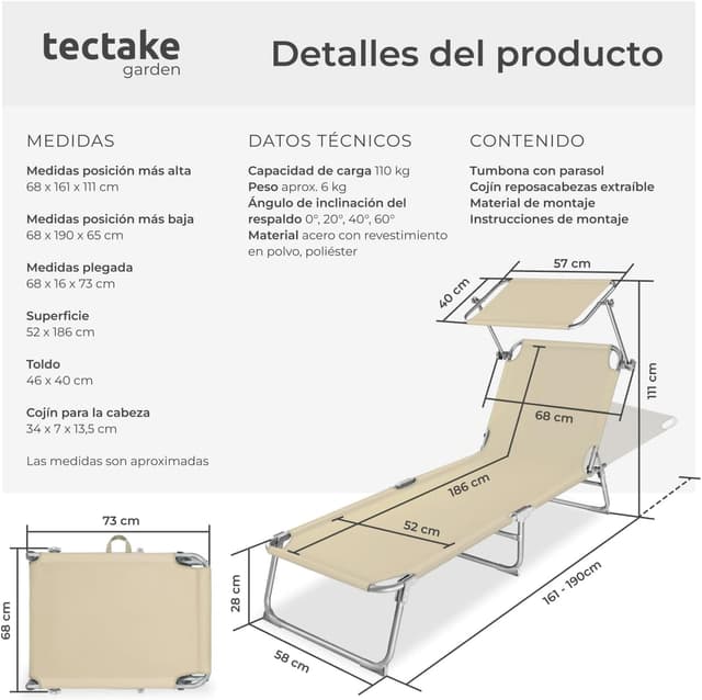 Thumbnail 2 de tectake® Tumbona plegable con toldo 110 kg