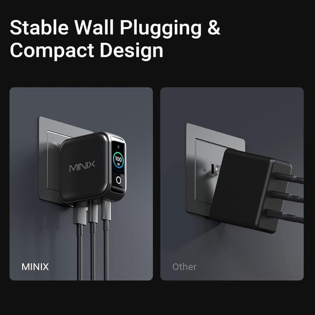 Detalle 2 de MINIX 100W USB‑C Ladegerät mit 3 Ports (GaN) und Smart Display – für MacBook, iPhone & Co.