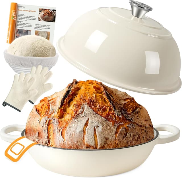 Detalle de AHJ 6QT Enameled Cast Iron Dutch Oven for Bread Baking with Proofing Basket, Gloves & Sling