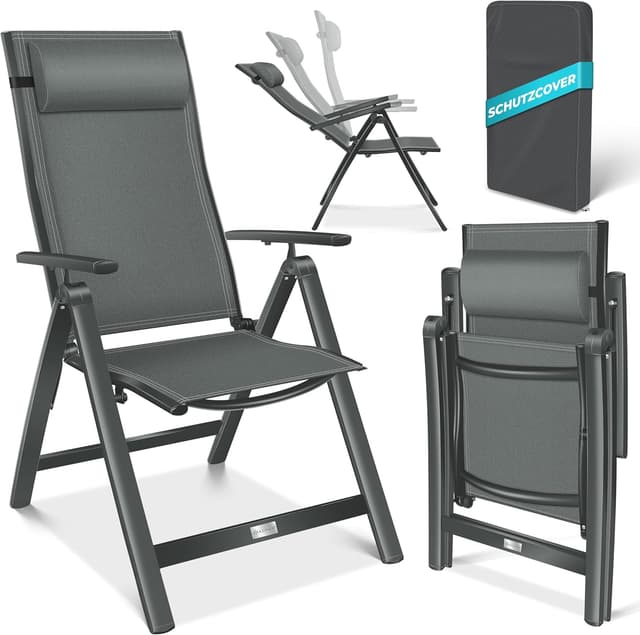 Detalle de KESSER Gartenstuhl Hochlehner mit Armlehnen – Aluminium Klappstuhl mit Kopfkissen, Abdeckung & 7-fach verstellbarer Rückenlehne
