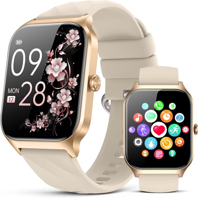 Detalle de Kriutefy smart watch for women & men with call answering, HD display and fitness tracking (Champagne Gold, 2 straps)