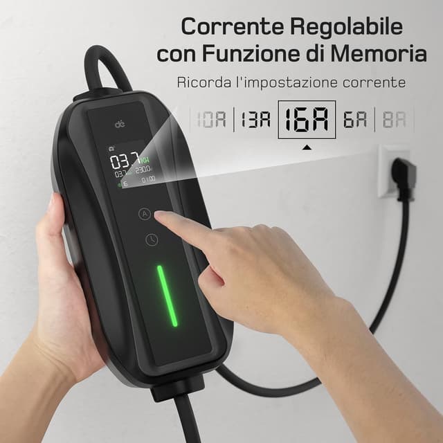 Thumbnail 6 de dé Cavo ricarica auto elettrica Tipo 2 Schuko 6 m 3,7 kW (6–16 A) con LCD e supporto