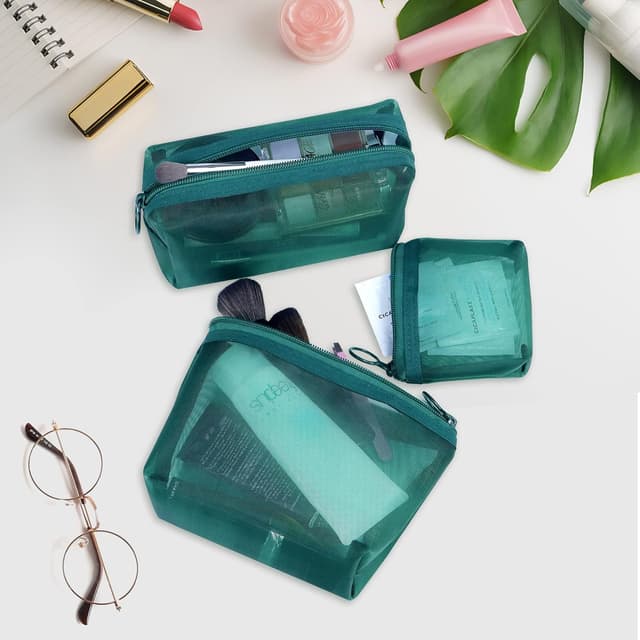 Detalle 2 de Aosbos 3-pack Mesh Makeup Bag Set (3 sizes, green) – travel and everyday toiletry pouches