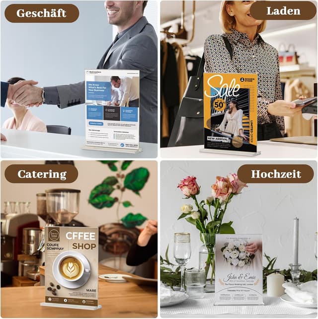 Detalle de Viymgit 8er DIN A5 Tischaufsteller im glasklaren T-Ständer (Acryl) für Speisekarten & Hinweisschilder