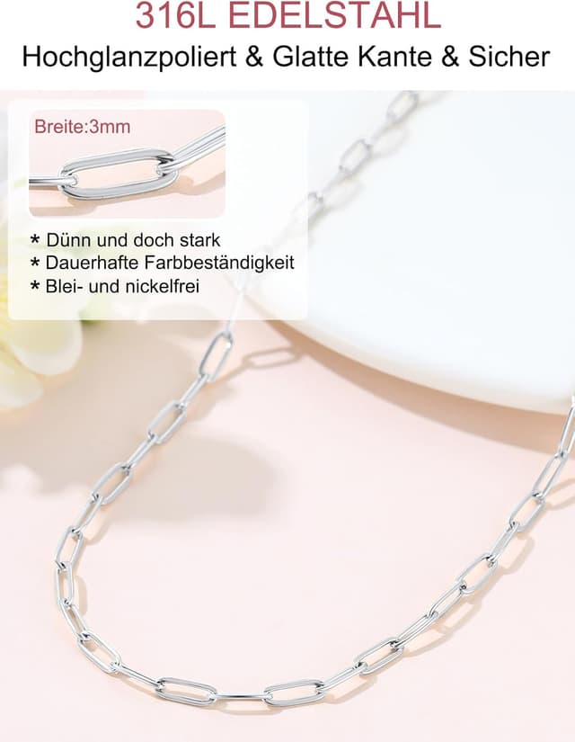Detalle de FOCALOOK Gliederkette Damen aus 316L Edelstahl – Trombone-/Büroklammer-Kettenglieder, 3 mm breit