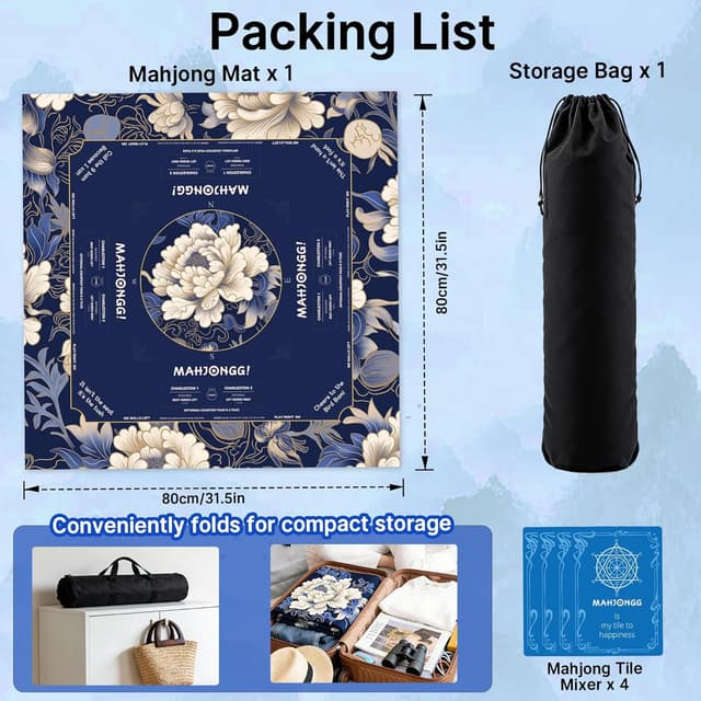 Detalle 2 de HWZ Mahjong Mat with 4 Tile Mixers & Storage Bag (31.5x31.5-inch, 3.5mm) — Navy Blue