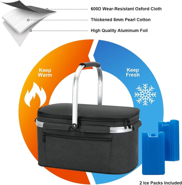 Detalle de ALLCAMP Groß faltbare isolierte Kühltasche mit Picknickkorb-Einsatz – Thermo-Einkaufskorb für 2 Personen