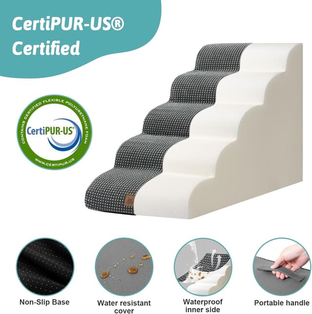 Detalle de COZY KISS Dog Stairs for High Bed (22.6" H) – 5-Tier Small Pet Steps with Leakproof Cover, Dark Grey