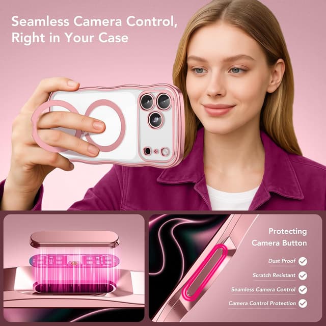 Detalle 1 de GolbinBox Magnetic iPhone 17 Pro Max Case with 360° Rotating Stand (MagSafe Compatible) – Pink/Clear