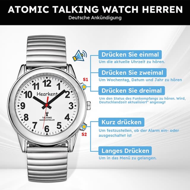 Detalle de Hearkent sprechende Uhr mit deutscher Sprachausgabe – DCF-Atomzeit für Senioren