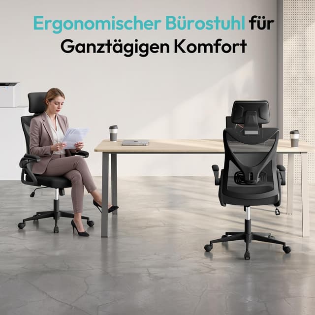 Detalle de Yaheetech Bürostuhl ergonomisch mit hochklappbaren Armlehnen, Kopfstütze & Wippfunktion (EN1335, bis 136 kg, schwarz)